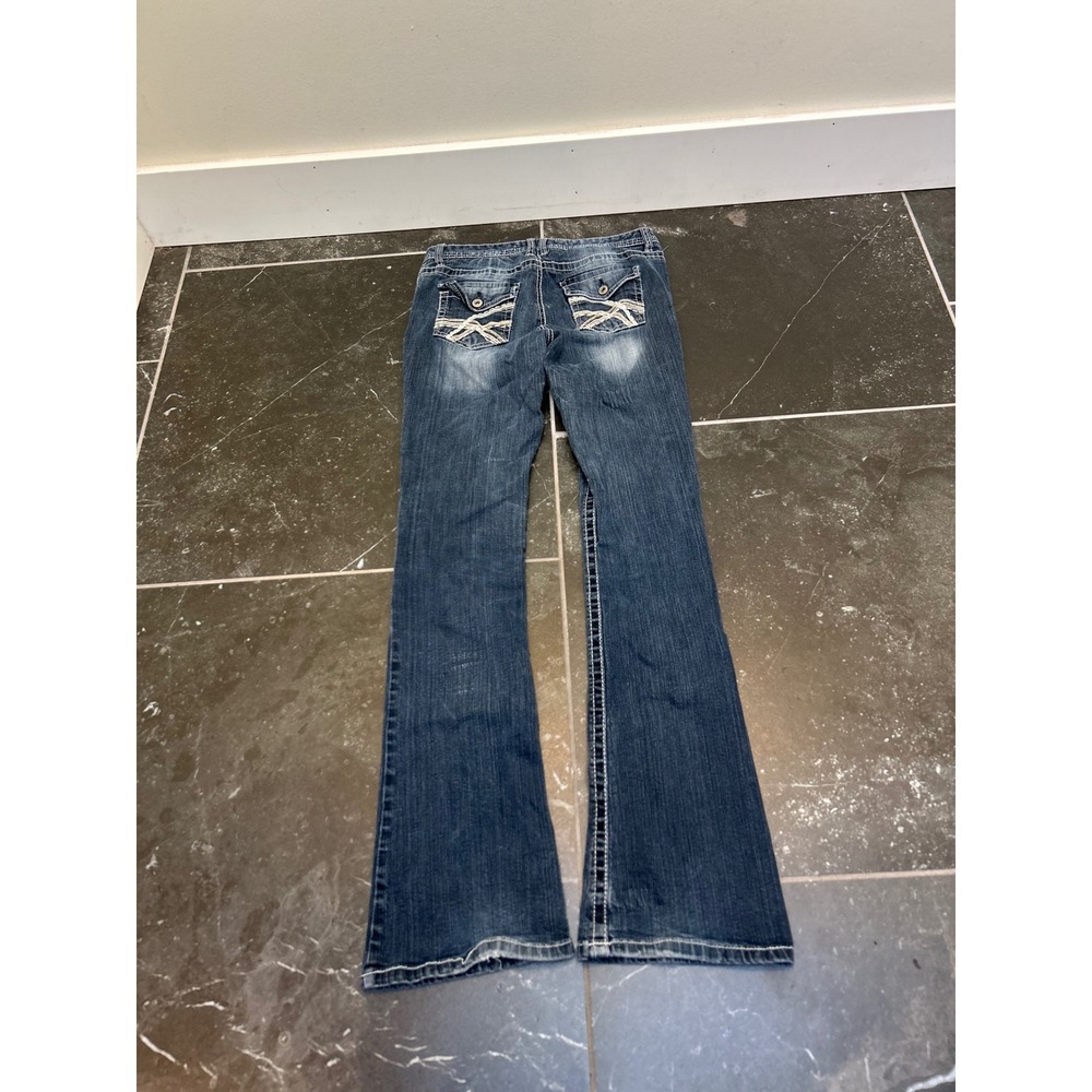 Rue21 Womens Bootcut Jeans Dark Wash Embroidered Flap Pocket Size 5/6 Long Y2K